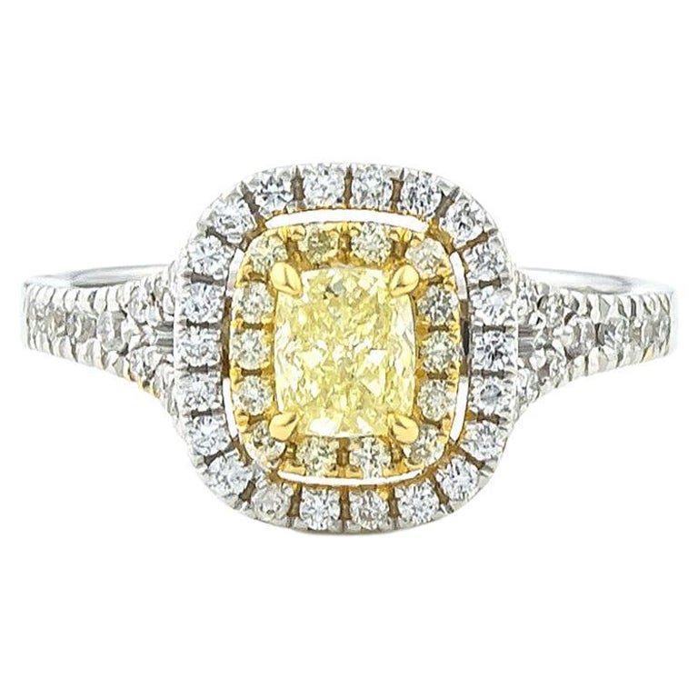 Double Halo Cushion Yellow Diamond Ring 18KT White Gold Pave Stone Set Sholders For Sale