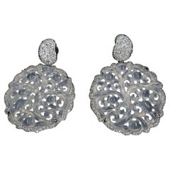 Certified Icy Jade & Diamond Earrings, Colorless, Perfection, Intricate Carving