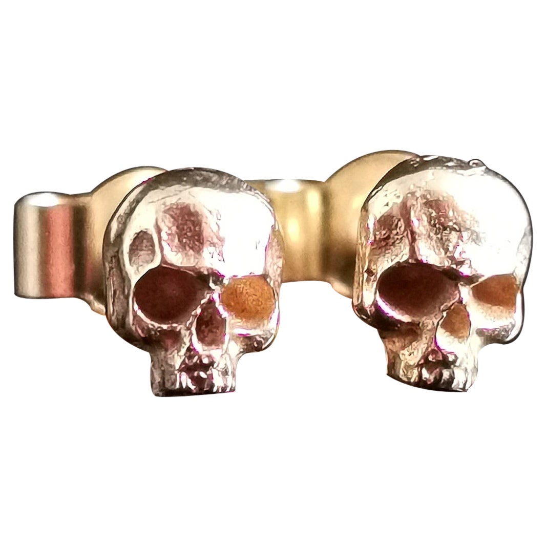 Vintage 9 Karat Yellow Gold Skull Stud Earrings, 1990s