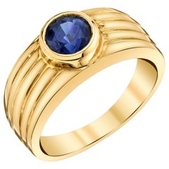 1.55 Carat Cornflower Blue Sapphire Yellow Gold Bezel Wide Band Ring