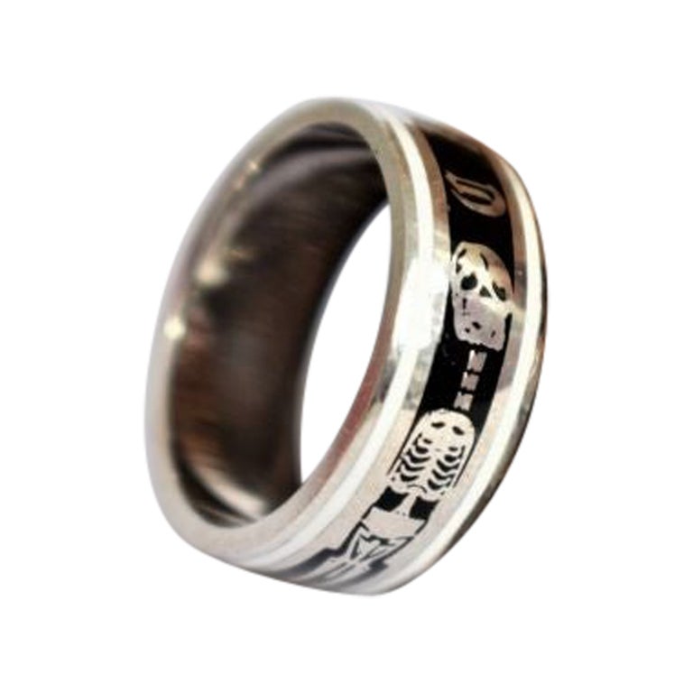 For Sale:  Georgian Style Black Enamel Memento Mori Ring, Enamel Silver Skeleton Band Ring