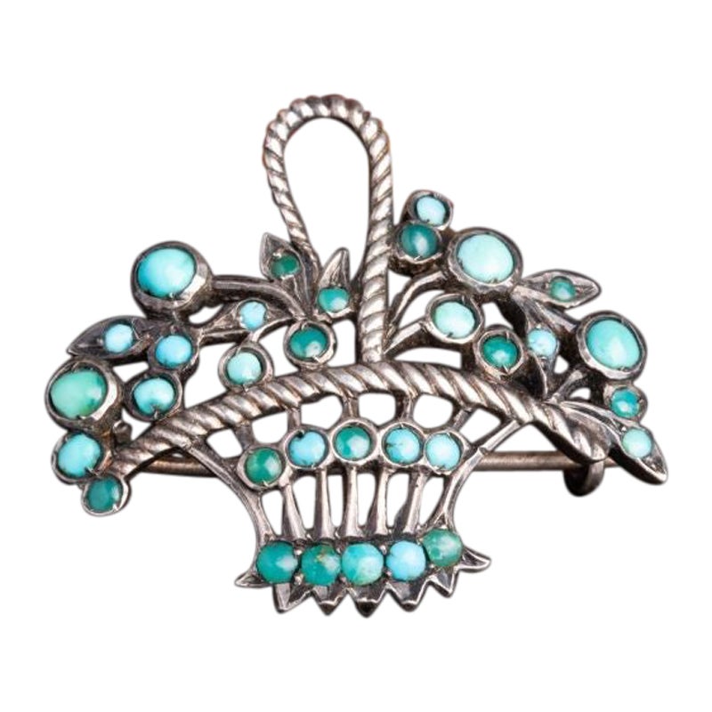 Antique Sterling Silver Turquoise Giardinetti Brooch