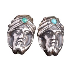 Antique Silver Turquoise Earrings, Oriental Turban Man Earrings