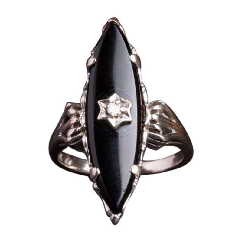For Sale:  Antique Art Deco Onyx and Diamond Navette Ring, 1940s Marquise Diamond Ring