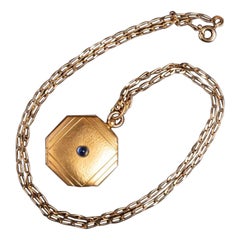 Art Deco Gold Plated Sapphire Glass Necklace, Vintage Art Deco Square Locket