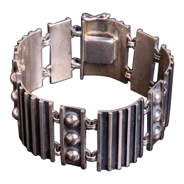 Vintage Niello Silver Panel Space Era Bracelet, Unisex Brutalist Silver Bracelet