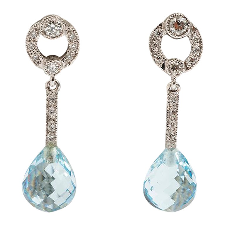 Aqua Diamond Briolette Drop Earrings, 18K White Gold at 1stDibs