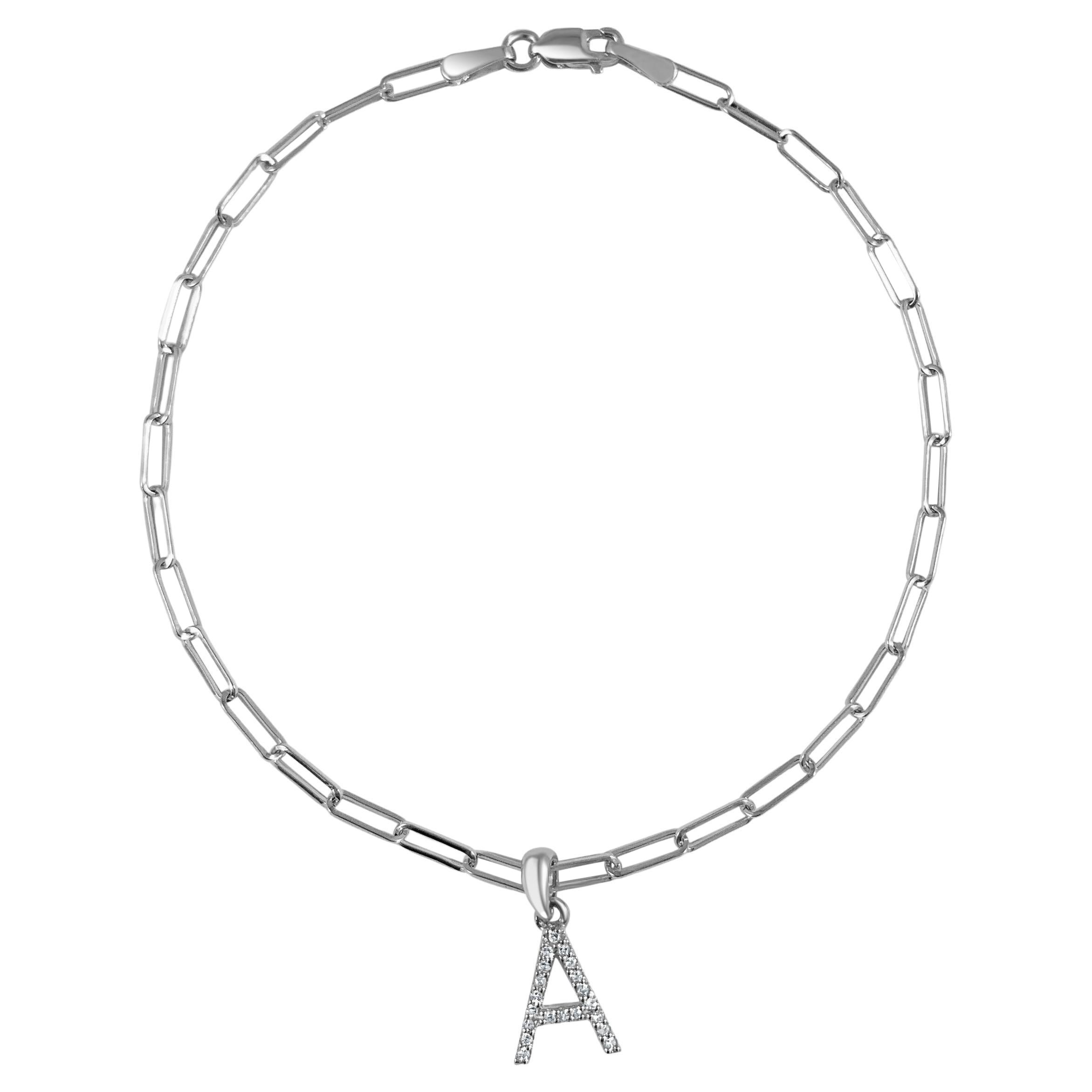 14 Karat White Gold Paperclip Diamond Initial "A" Link Chain Bracelet For Sale