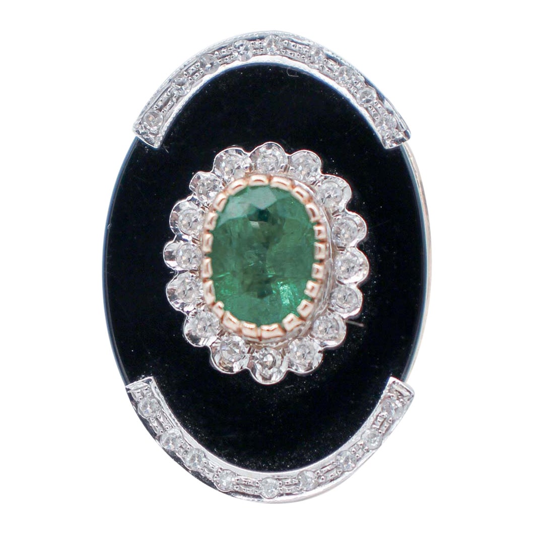 Emerald, Diamonds, Onyx, 14 Karat Rose and White Gold Ring For Sale