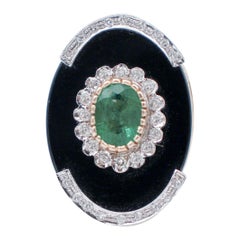 Vintage Emerald, Diamonds, Onyx, 14 Karat Rose and White Gold Ring