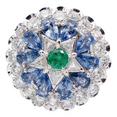 Vintage Emerald, Sapphires, Diamonds, 14 Karat White Gold Ring