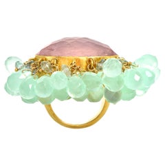 Designer Aquamarine Quartz Chalcedony Beads 18K Gold Dangle Cocktail Ring