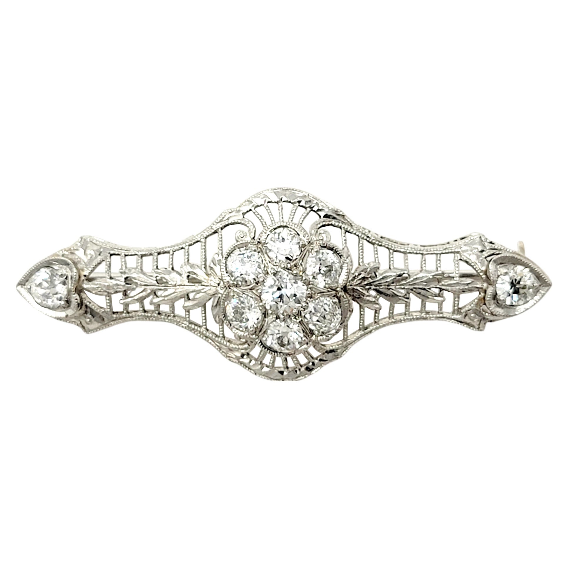 Vintage Old European Cut Diamond Filigree Brooch 18 Karat White Gold 1.26 Carats For Sale