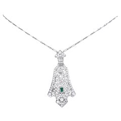 Art Deco Design Diamond Emerald Platinum Floral Filigree Pendant Necklace