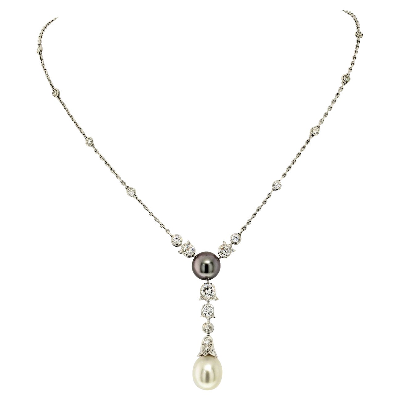 Cartier 18K White Gold Pearl and Diamond Drop Pendant Necklace