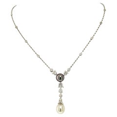 Vintage Cartier 18K White Gold Pearl and Diamond Drop Pendant Necklace