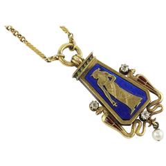 Austrian Carl Bacher Egyptian Revival Enamel Lapis Diamond Gold Necklace 