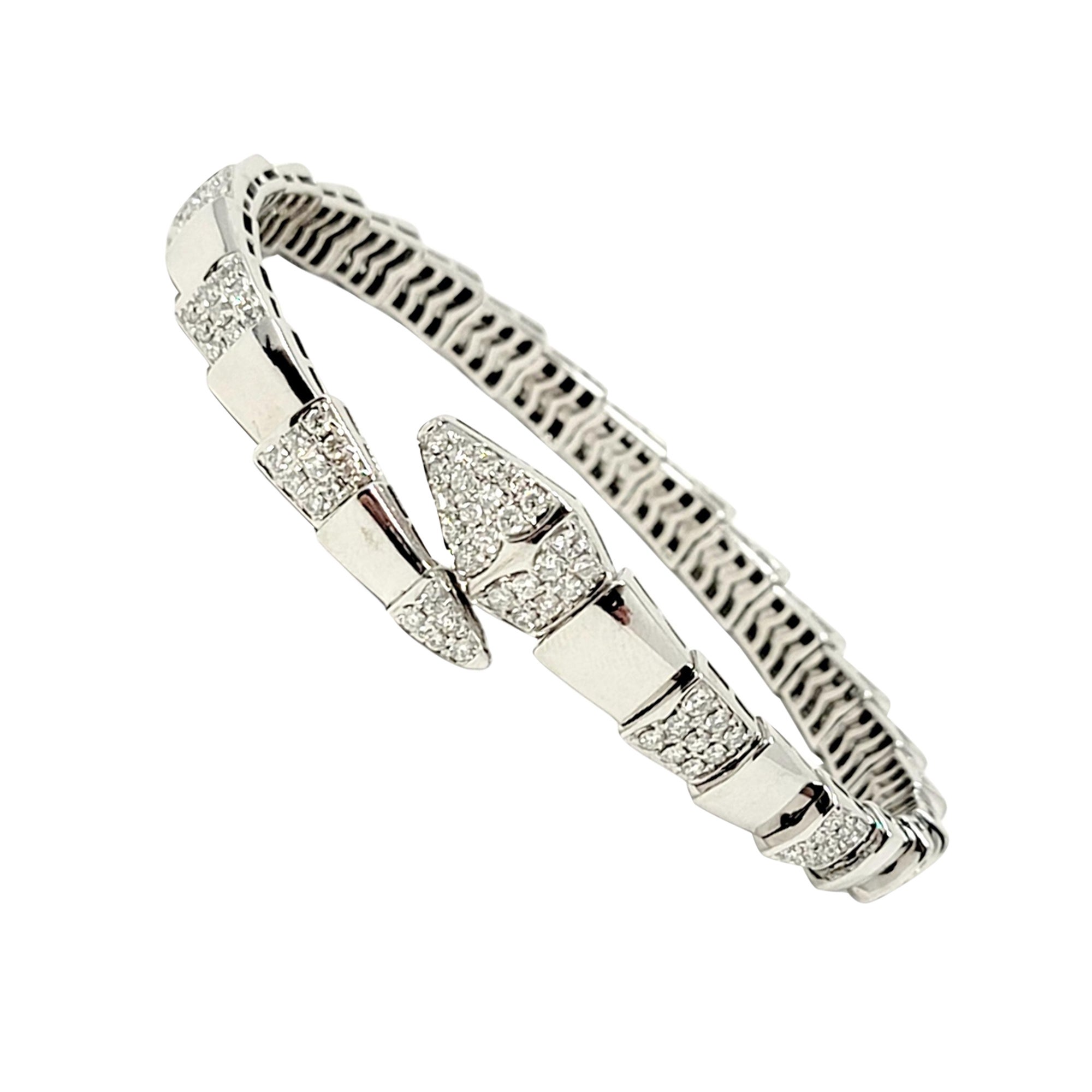 Pave Diamond and White Gold Snake Motif Flexible Bypass Bangle Bracelet For  Sale at 1stDibs