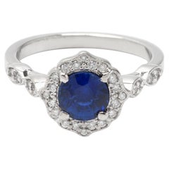 1.06ct Round Sapphire Ring in 14K White Gold, 0.25ct Side Diamonds