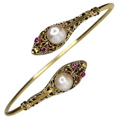 Victorian 18 Karat Yellow Gold Pearl Blue Enamel Hinged Bangle Bracelet ...