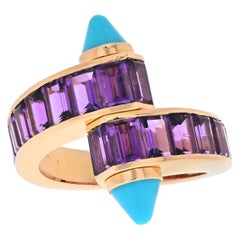 Cartier 18K Yellow Gold Menotte Amethyst and Turquoise Ring