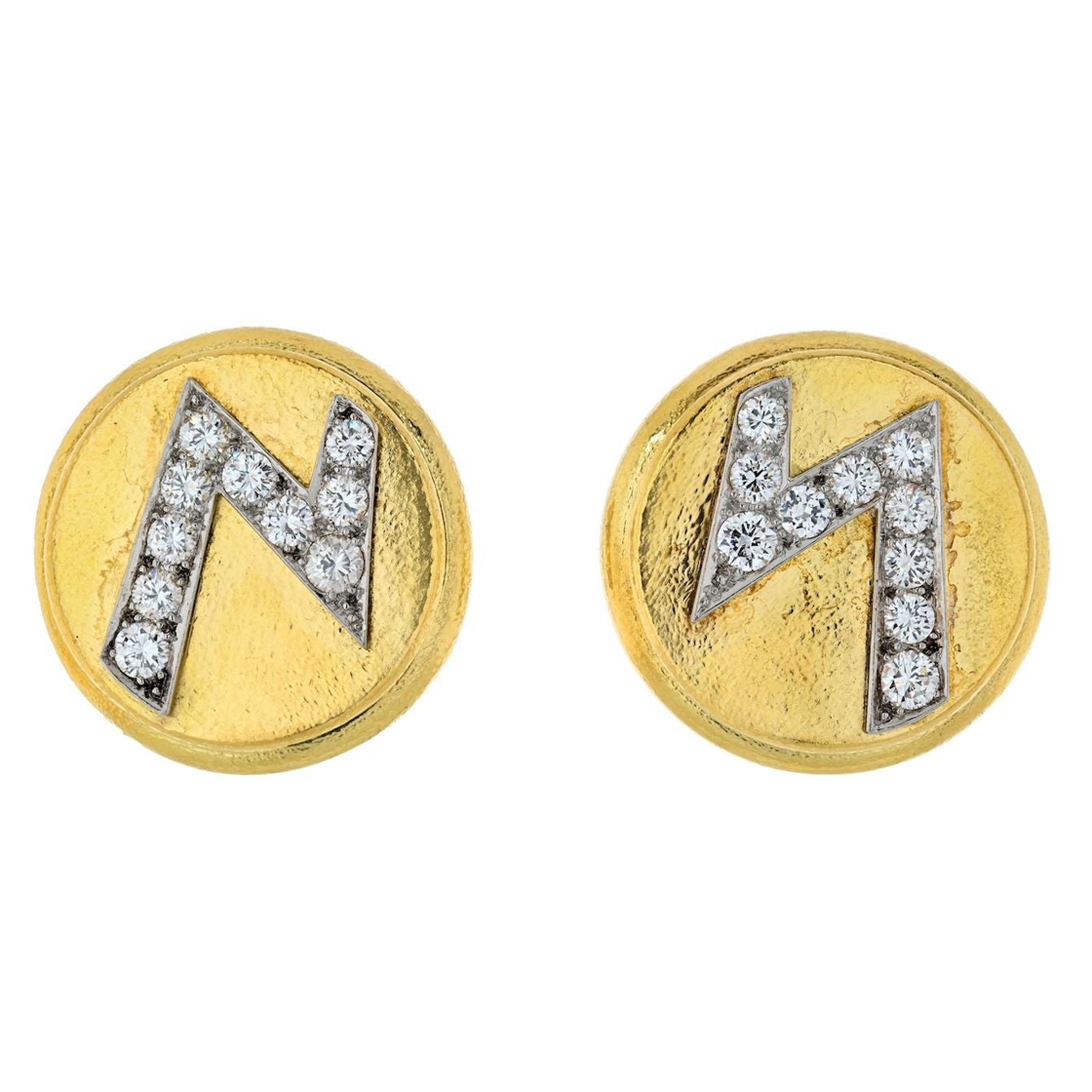 David Webb Platinum & 18K Yellow Gold Round Disks with Diamond Earrings For Sale