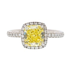 1.60ct Fancy Yellow Cushion Cut Halo Set Diamond Engagement Ring