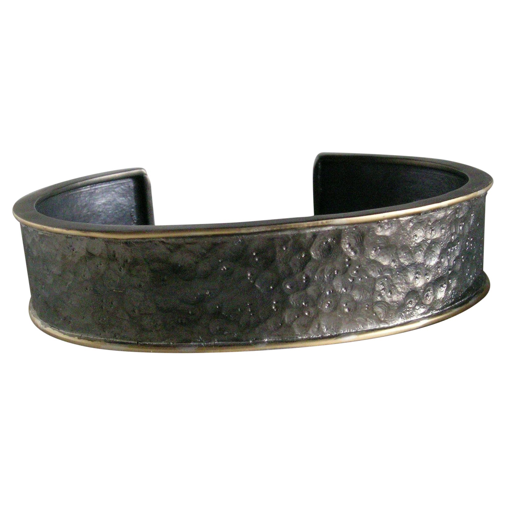 18k Gold & Blackened, Hammered Silver Cuff for Men For Sale
