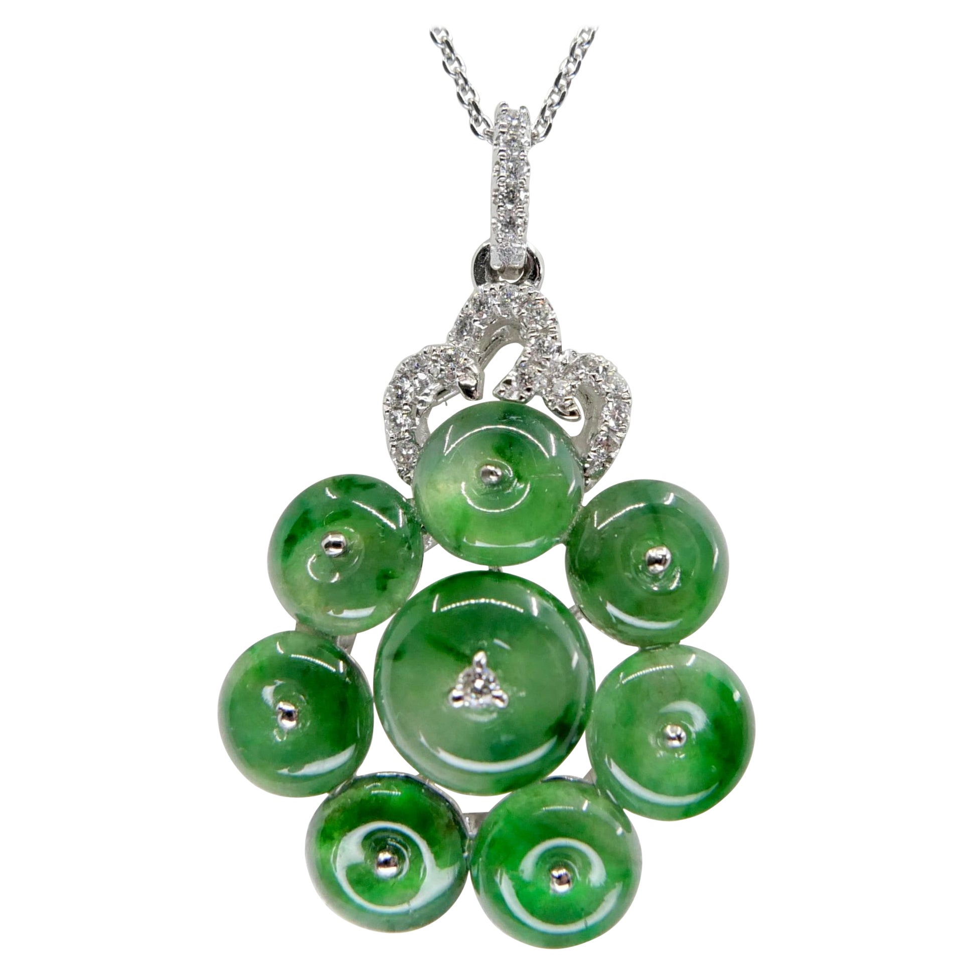 Certified Type A Cluster Icy Jade Discs & Diamond Pendant, High Translucency For Sale