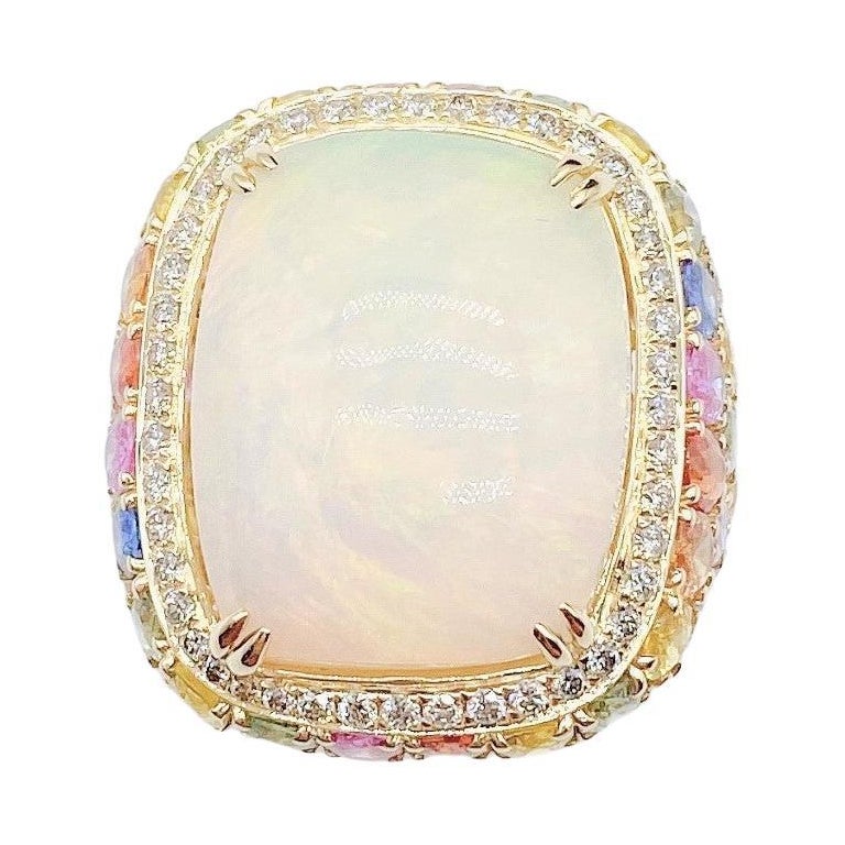Rare bague en or 18 carats avec grande opale fantaisie, saphir arc-en-ciel et diamant 9,939