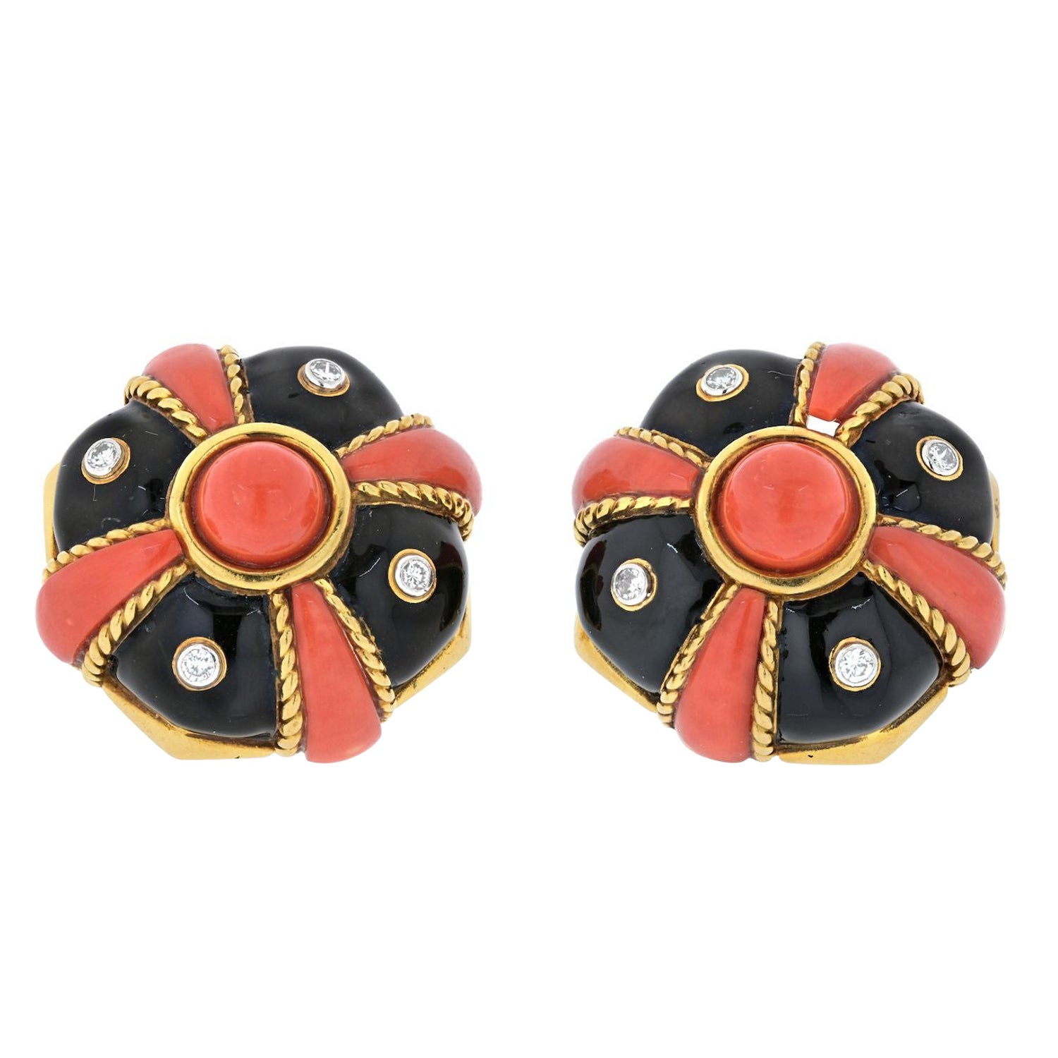 David Webb 18K Yellow Gold Coral, Black Enamel and Diamond Bombe Earrings For Sale