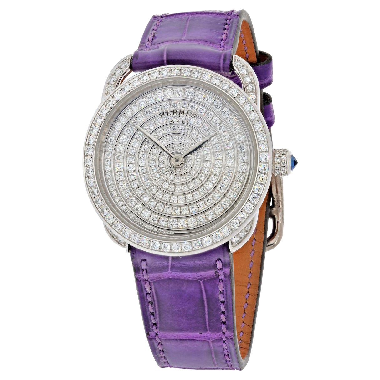 Hermes 18K White Gold Diamond Arceau Purple Alligator Watch