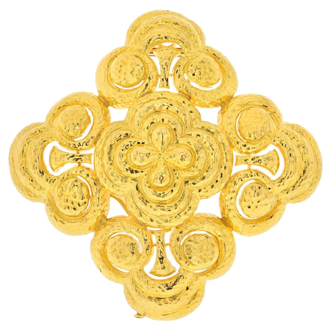 David Webb 18K Yellow Gold Large Maltese Cross Hammered Finish Pendant Brooch For Sale