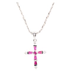 Diamond and Natural Ruby Vintage Cross Pendant and Chain in 18 Carat White Gold