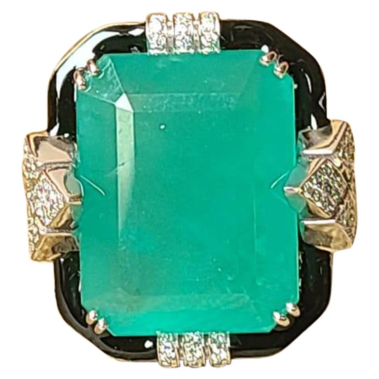 19.35 Cts, Zambian Emerald, Black Enamel & Diamonds Art Deco Style Cocktail Ring