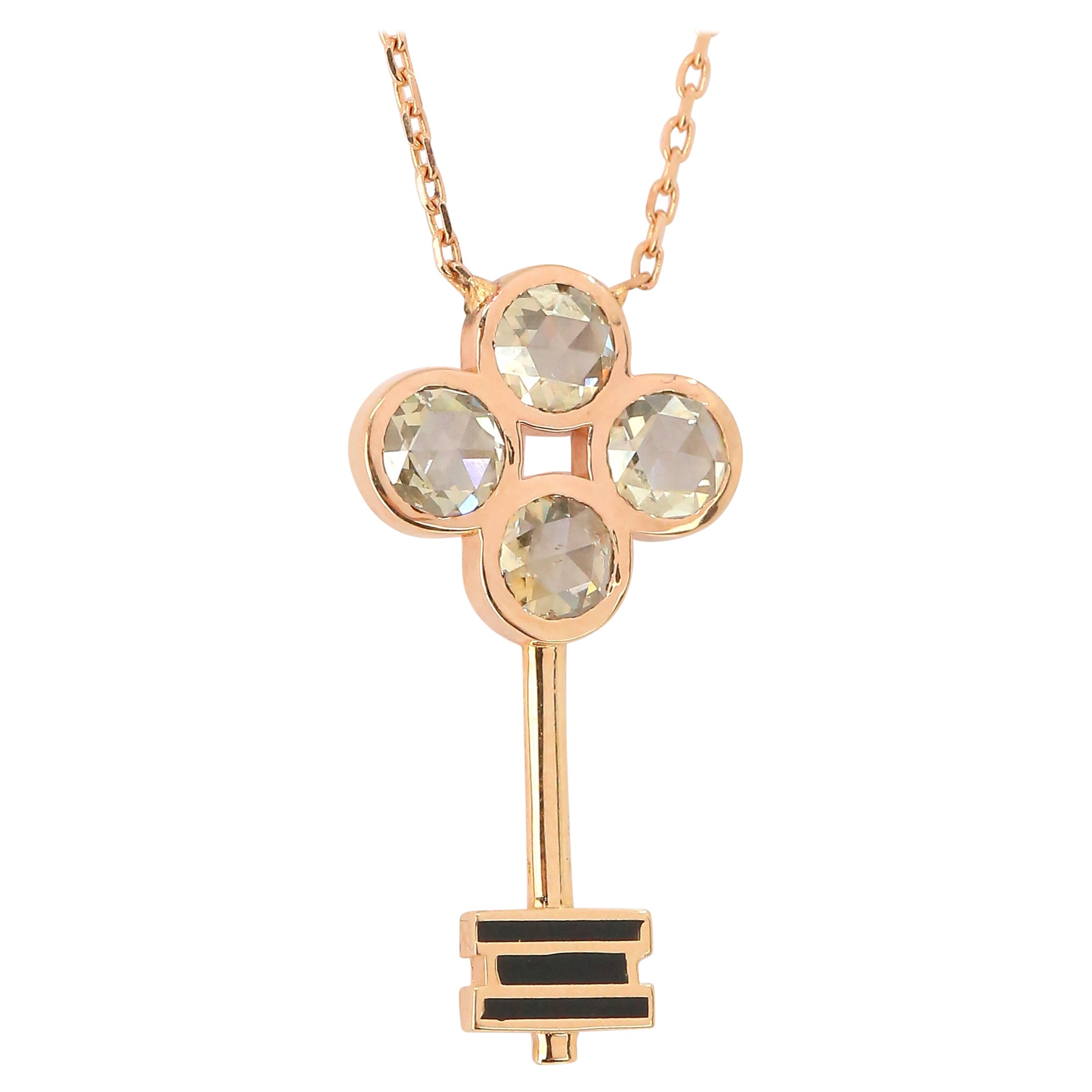 14K Gold 0.90 Ct. Rose cut Brown Diamond Key Charm Necklace For Sale