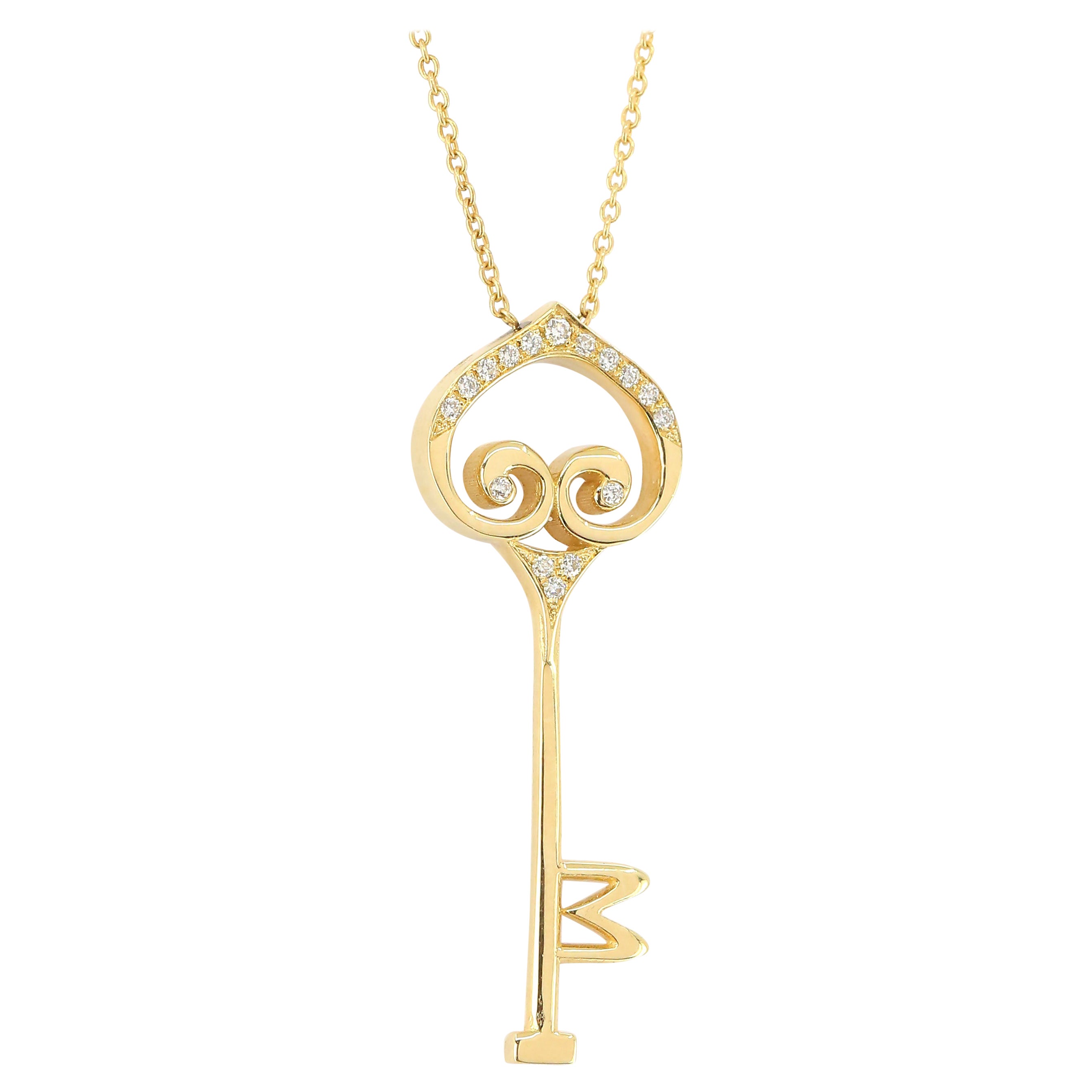 14K Gold Diamond Key Charm Necklace For Sale
