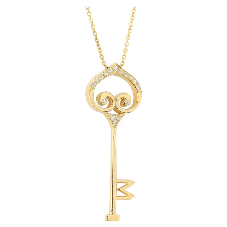 14K Gold Diamond Key Charm Necklace For Sale at 1stDibs