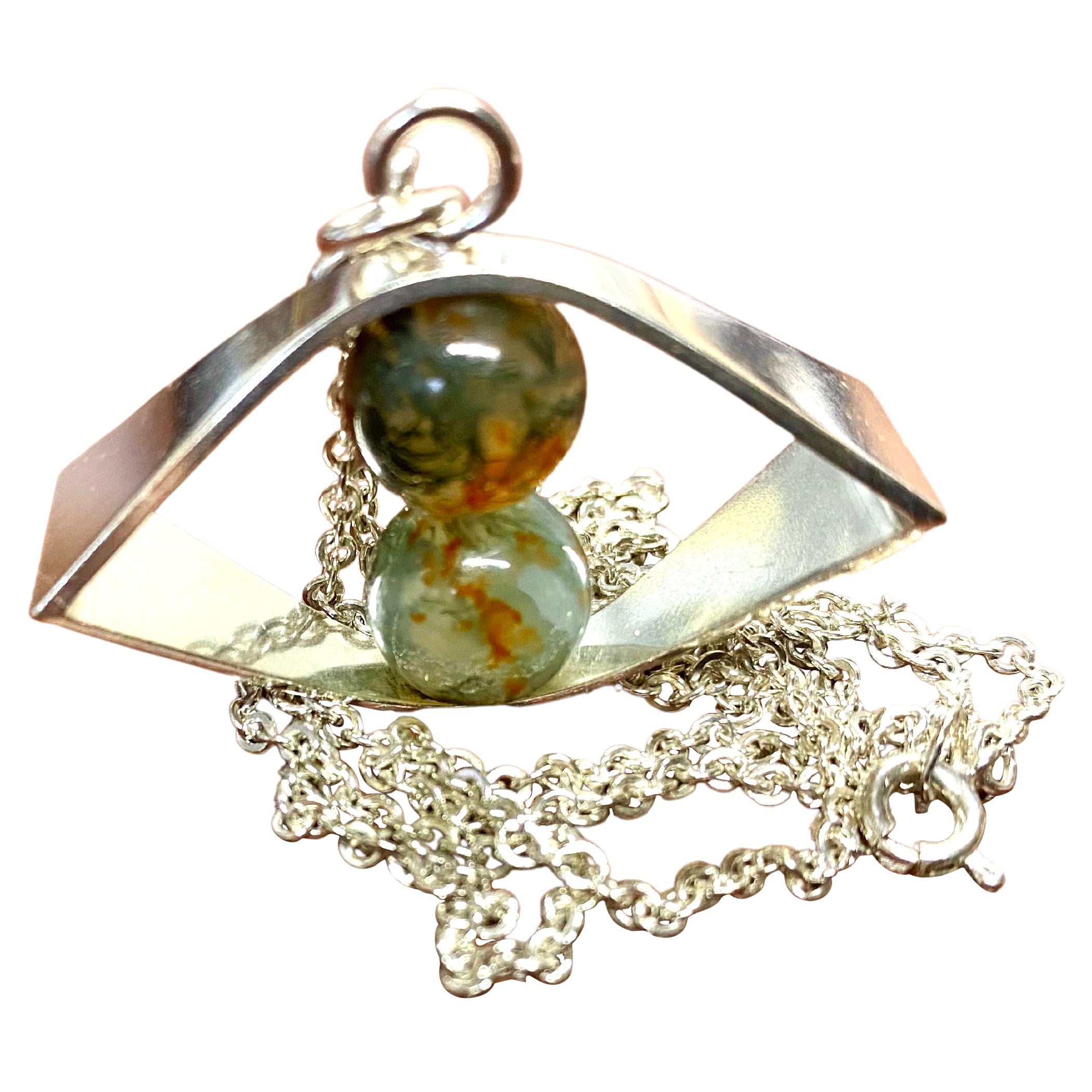Silver Necklace by Elis Kauppi for Kupittaan Kulta, Finland, Moss Agate Stones For Sale