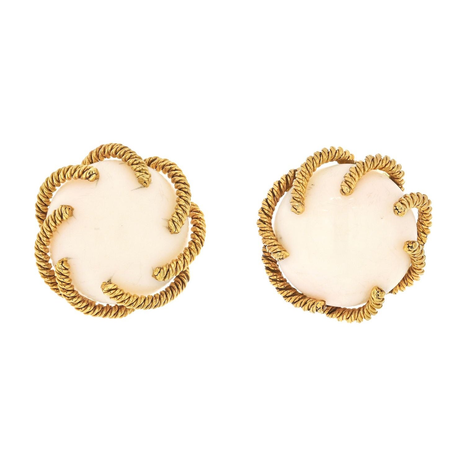 David Webb 18K Gold 1970's Angel Skin Coral Twisted Rope Round Button Earrings For Sale