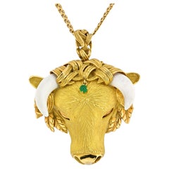 18K Yellow Gold Bull Head With Horns Vintage Pendant