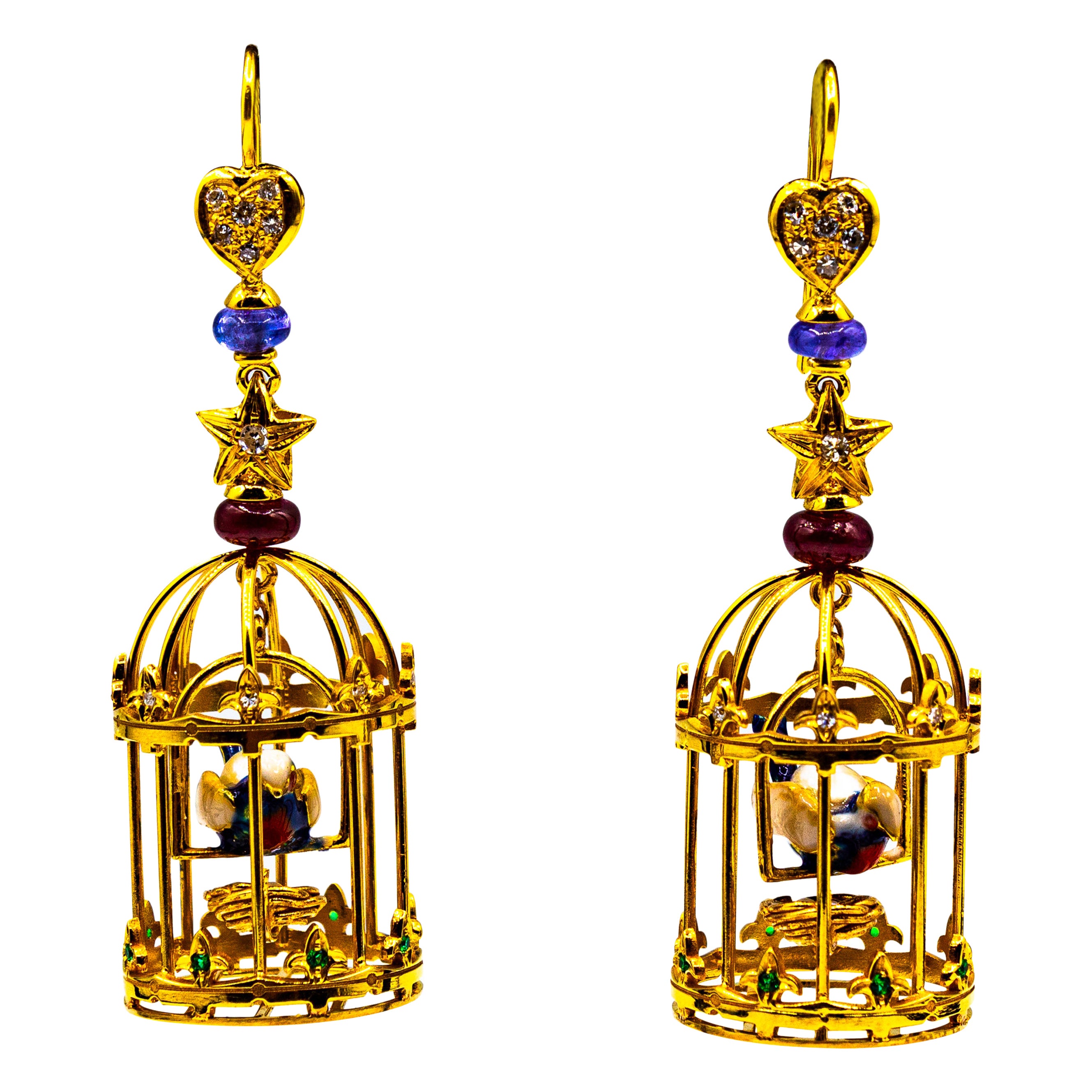 Boucles d'oreilles « Birdcage » en or jaune avec diamants blancs, perle, rubis, tanzanite et tsavorite