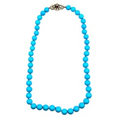 Art Deco Style White Diamond Ruby Natural Turquoise White Gold Beaded Necklace