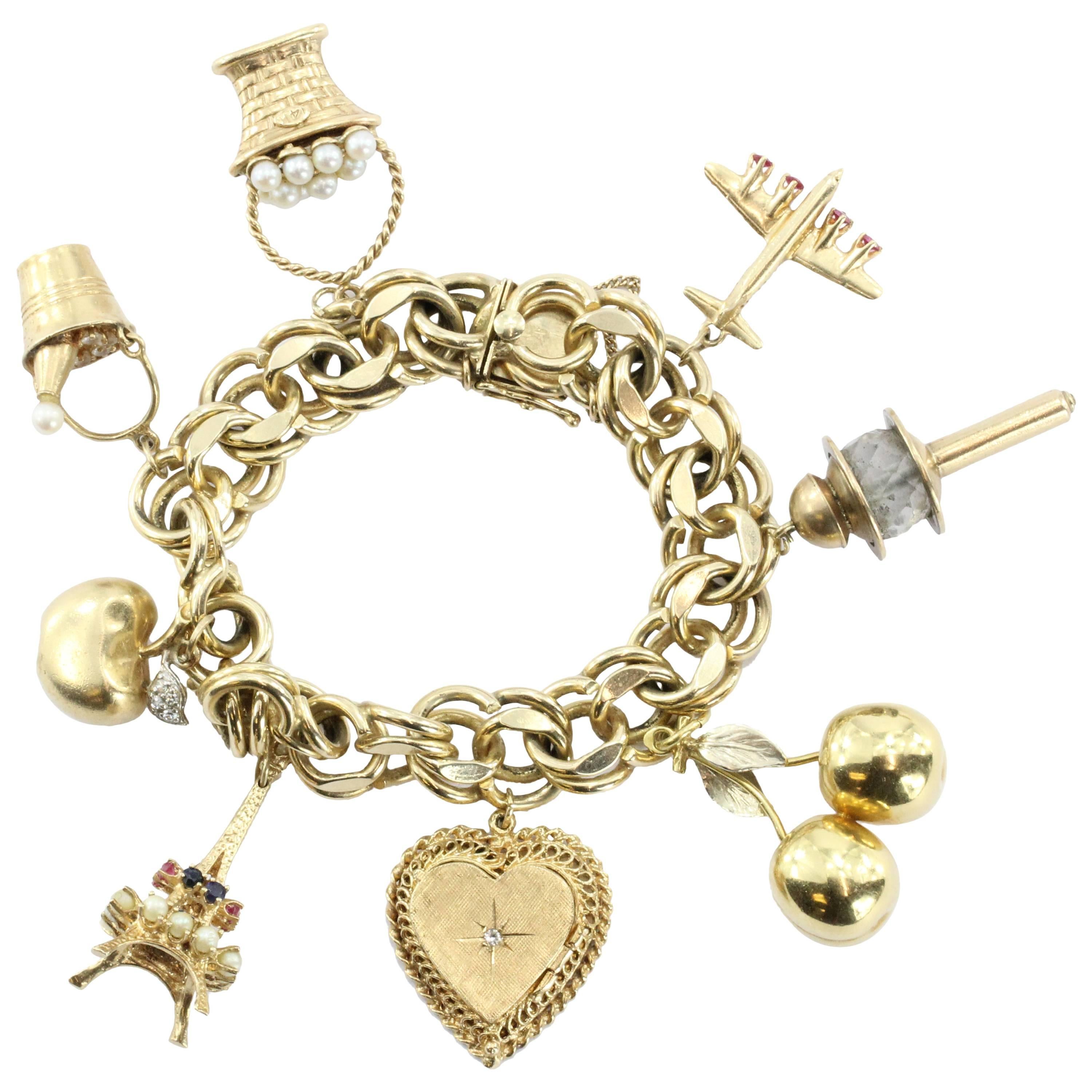 Wonderful 8 Charms Eiffel Tower Champagne Bucket Gold Charm Bracelet 