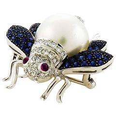 Pearl Sapphire Ruby Diamond 18K White Gold Insect Pin Brooch 8