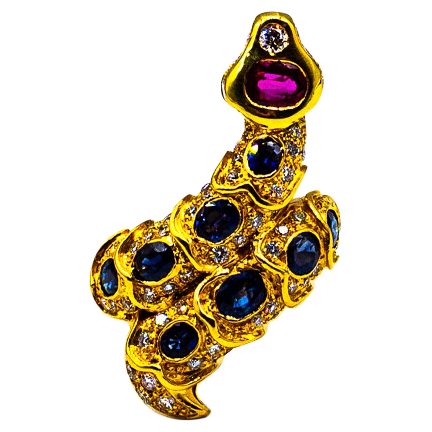 Handcrafted White Diamond Blue Sapphire Ruby Yellow Gold Cocktail "Snake" Ring For Sale
