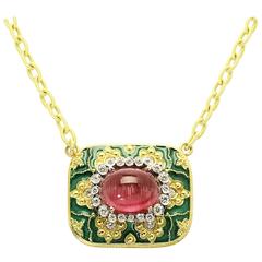 Stambolian Enamel Pink Cat's Eye Tourmaline Gold Pendant Necklace