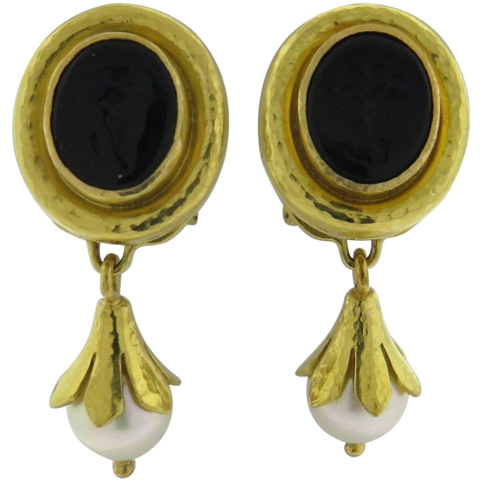Elizabeth Locke Intaglio Venetian Glass Pearl Drop Gold Day Night Earrings