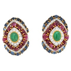 Vintage David Webb 18K Yellow Gold Gemstone Red, Green and Blue Diamond Earrings