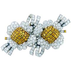 White and Canary Diamond Blossom 18K Gold Double Floral Clip Brooch 11